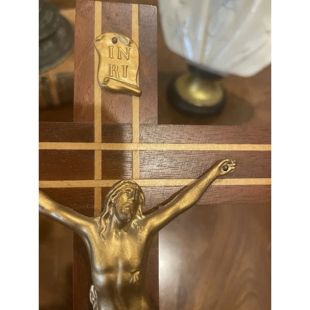 Vtg  Wooden Crucifix  With Wood Inlays Catholic‎ Cross Jesus Christ 10